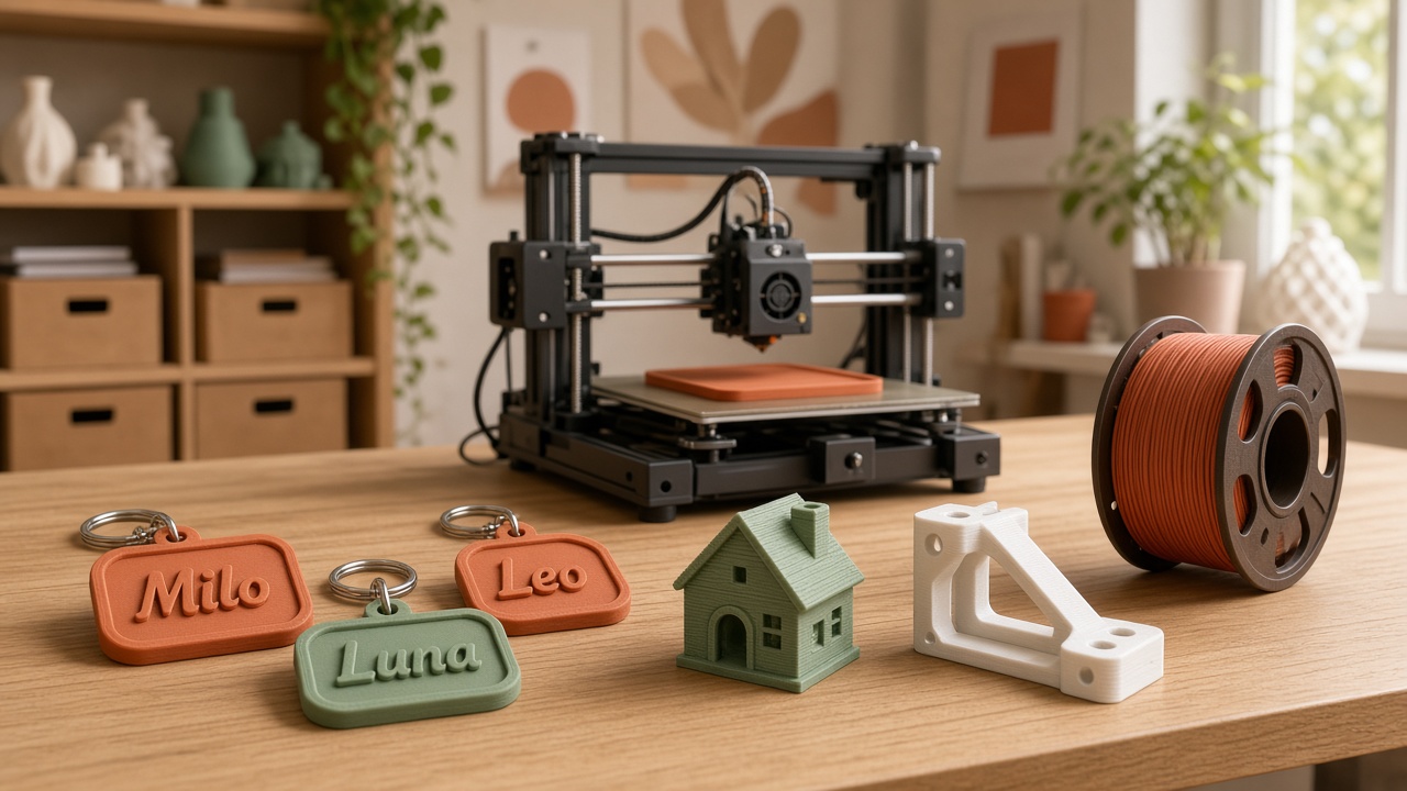 Bancada da Family Maker com impressora 3D, filamento e peças acabadas
